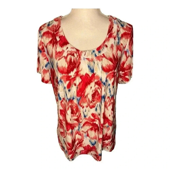 JM Collection Petite‎ Large Scoop Neck Soft Flowy Watercolor Floral Print Top - Picture 1 of 7